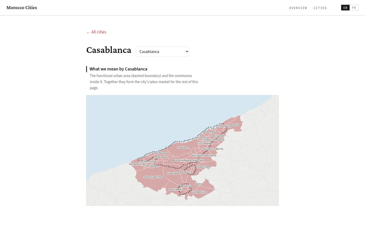 Morocco Cities tool showing the Casablanca functional urban area and its constituent communes